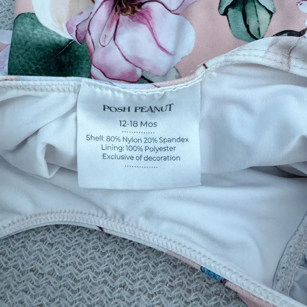 Posh Peanut Pink Floral Print Margot Ruffle One Piece Swimsuit - 12 to 18 Months